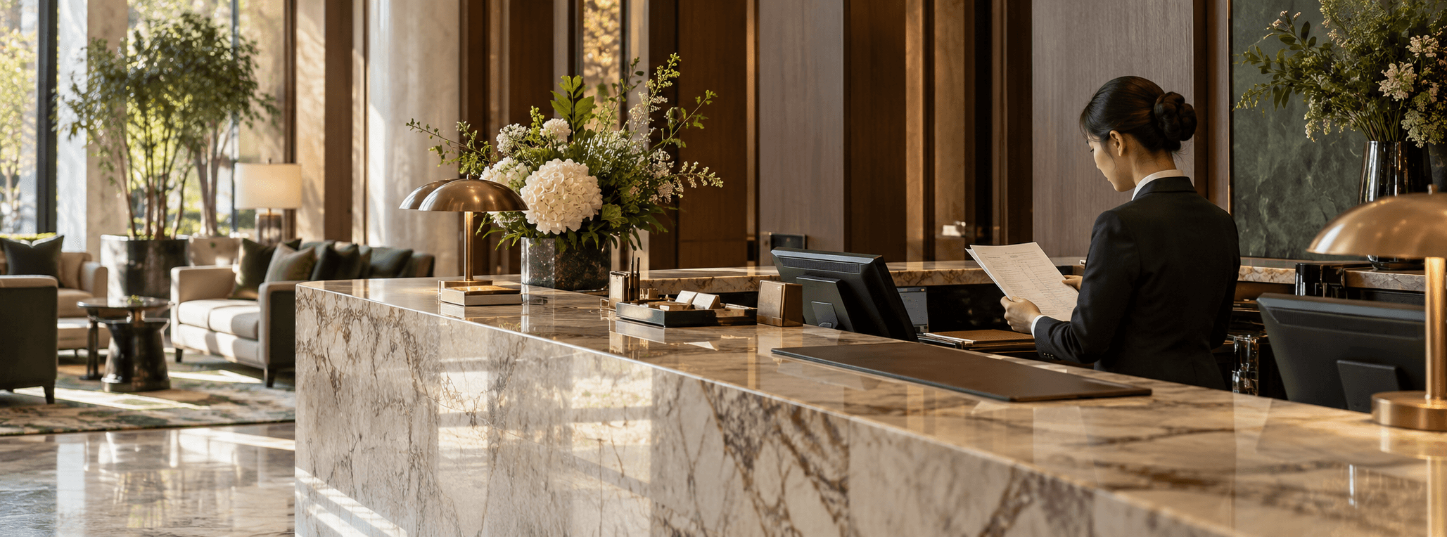 Scène d’arrivée et accueil à la réception d’un hôtel